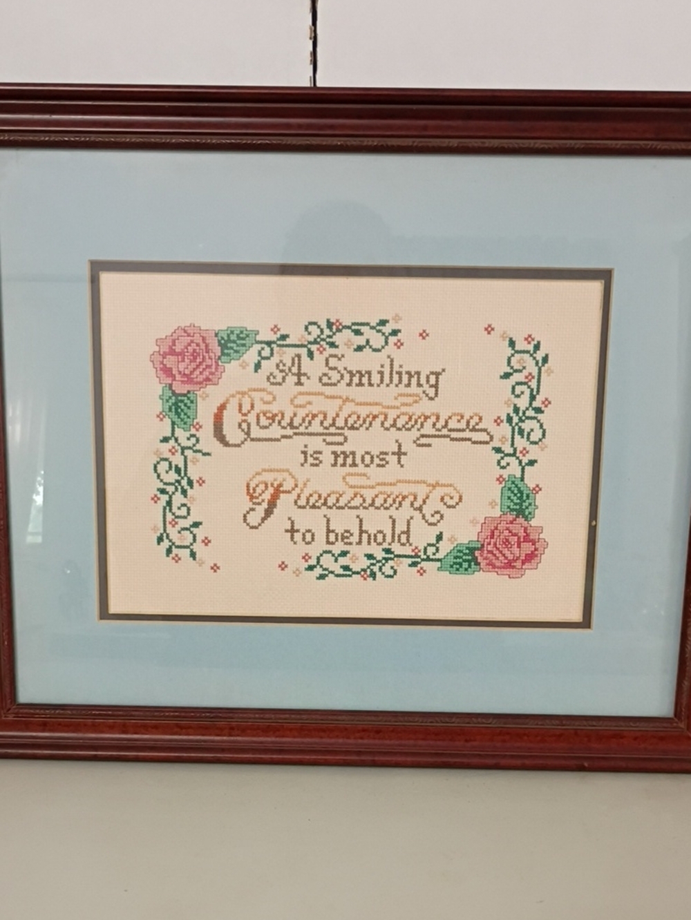 Vintage Pink and Green Floral Cross-Stitch Wall Art
